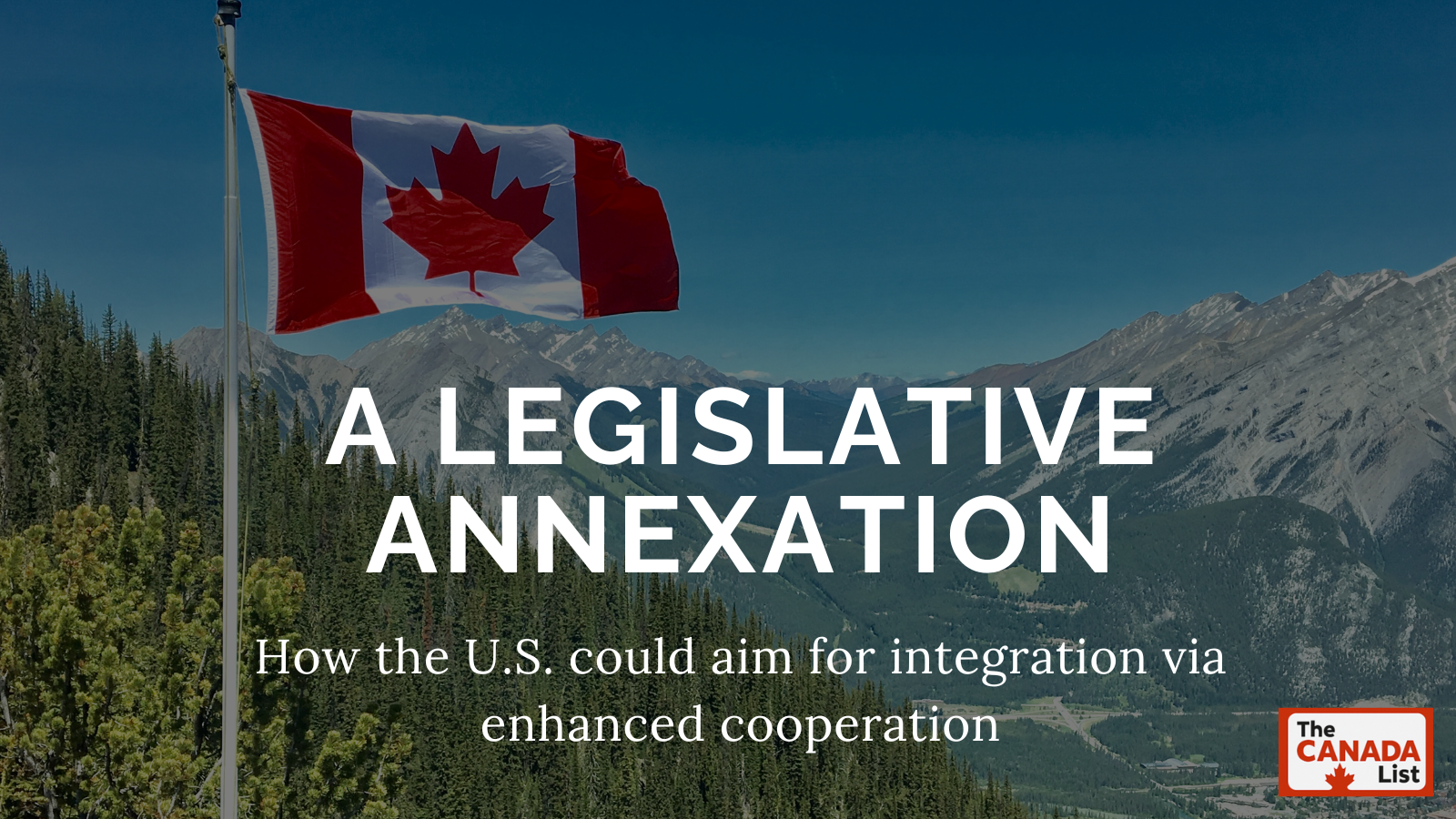 A Canadian flag flying strong, proud and free, overlooking the Canadian landscape.