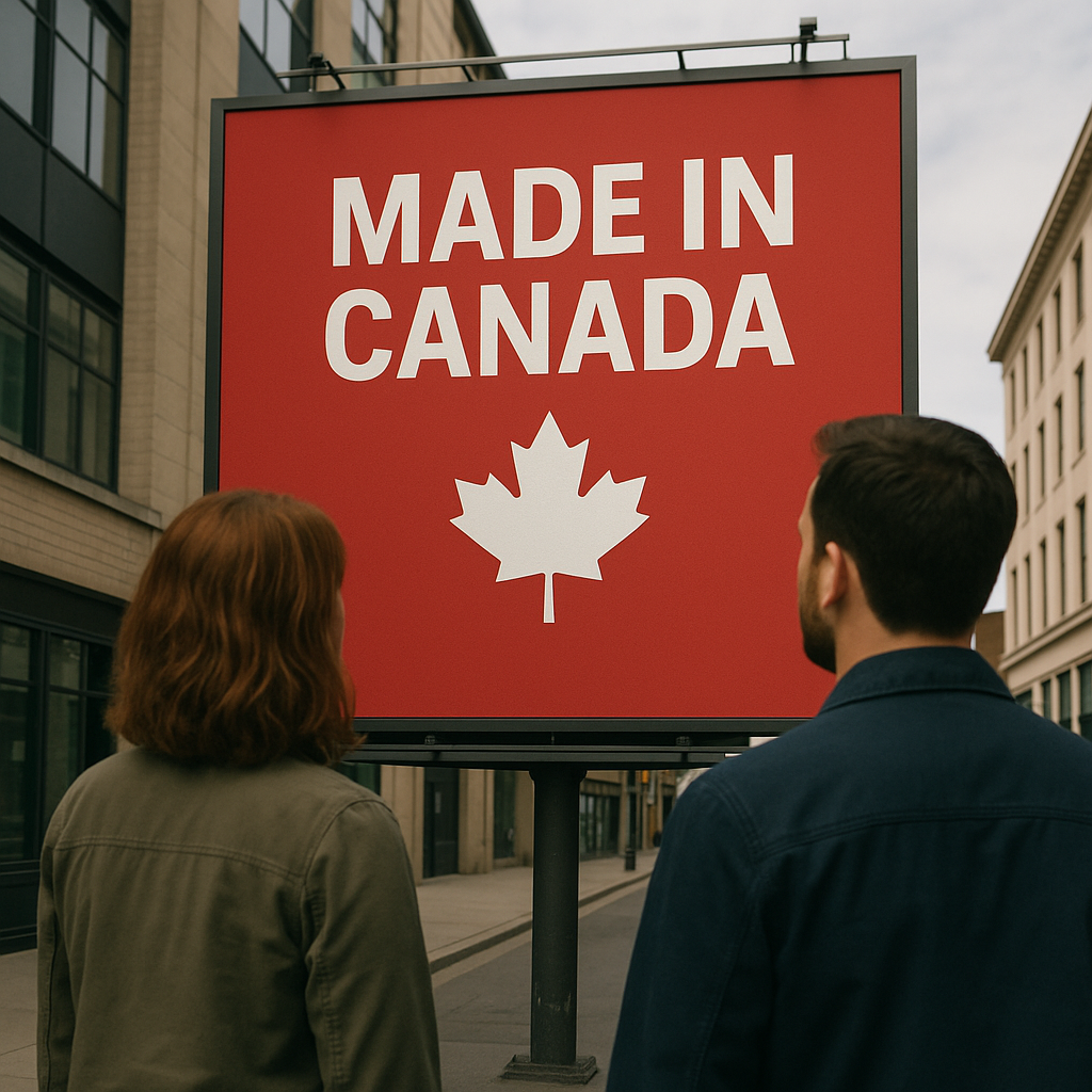 Two people looking up at a billboard advertising Made in Canada signage. Promoting Canadian-owned, Canadian-made products.
