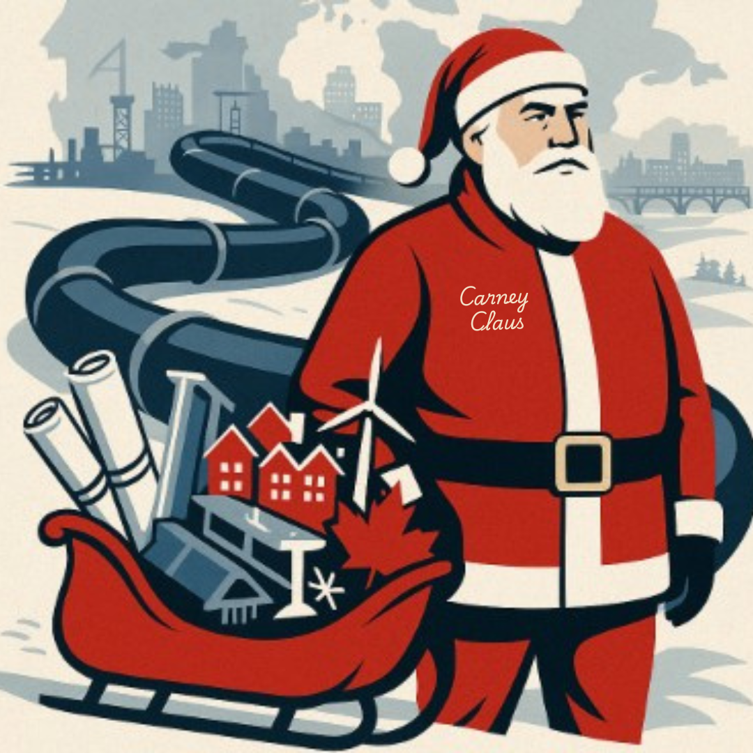 Mark Carney as Santa stands by a Canadian oil pipeline with blueprints, steel, and prairie icons, as a metaphor for economic nation-building