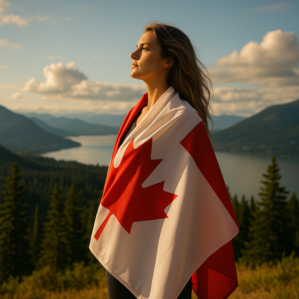 A woman, draped in a Canadian flag, standing tall, chin up, proud, patriotic, overlooking a beautiful Canadian outdoor landscape.