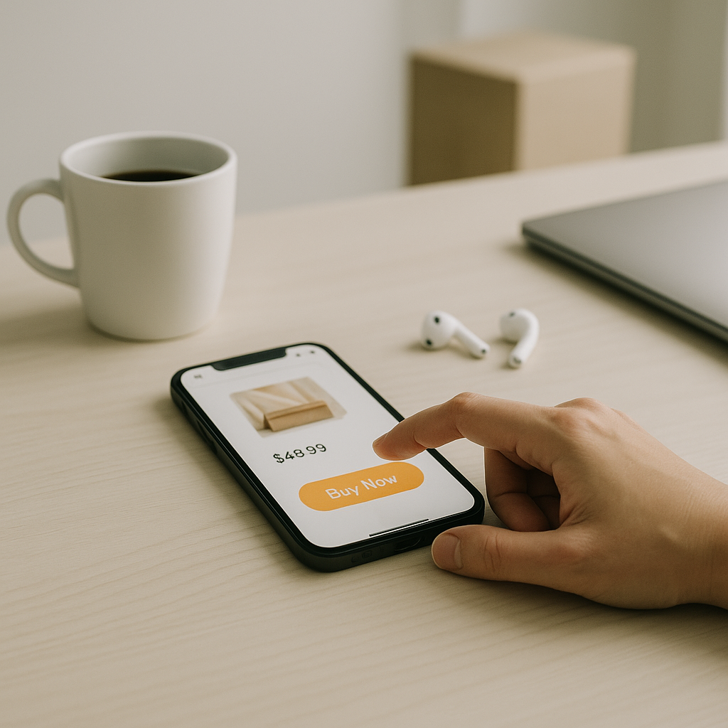 A hand pressing a 'buy now' button on a phone, representing the convenience economy where cheap products are always a fingertip away.